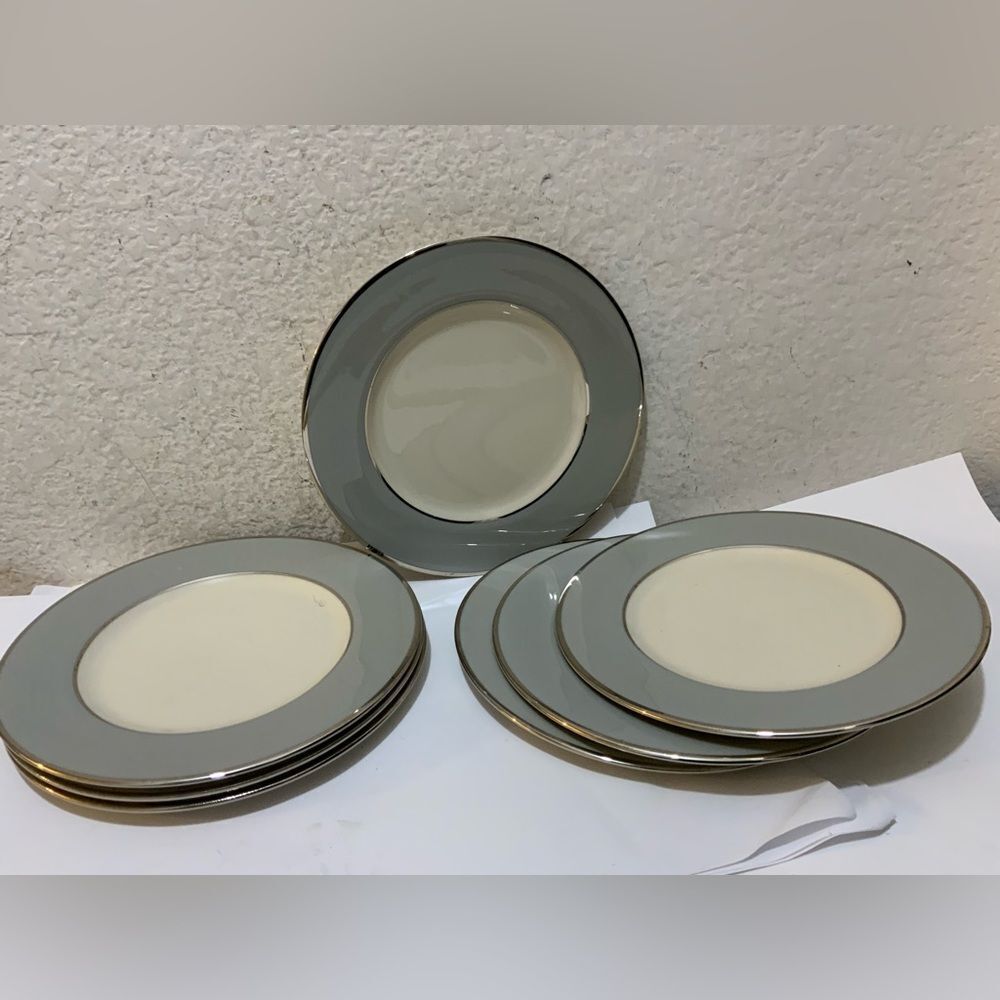 Set Of 7 Flintridge Brookmere Rim 8.25” Salad Plates Gray White Platinum Trim